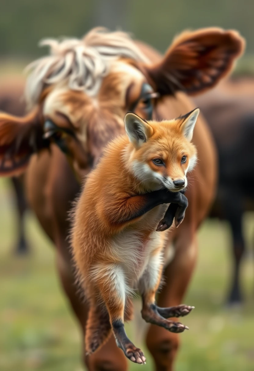 Blurry photo of a cow holding a fox, screenshot, low quality, 480p - Image