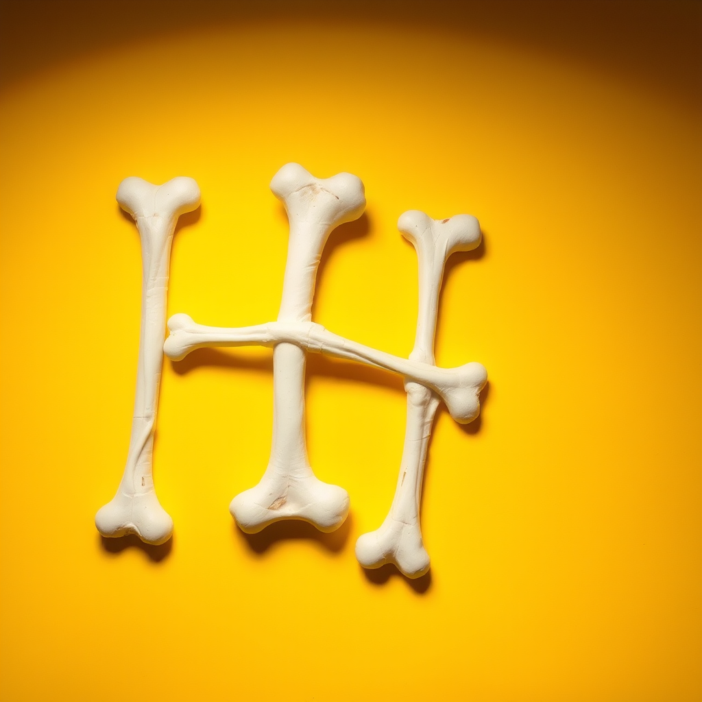 A letter "H" made of bones, yellow background, realistic photograph.