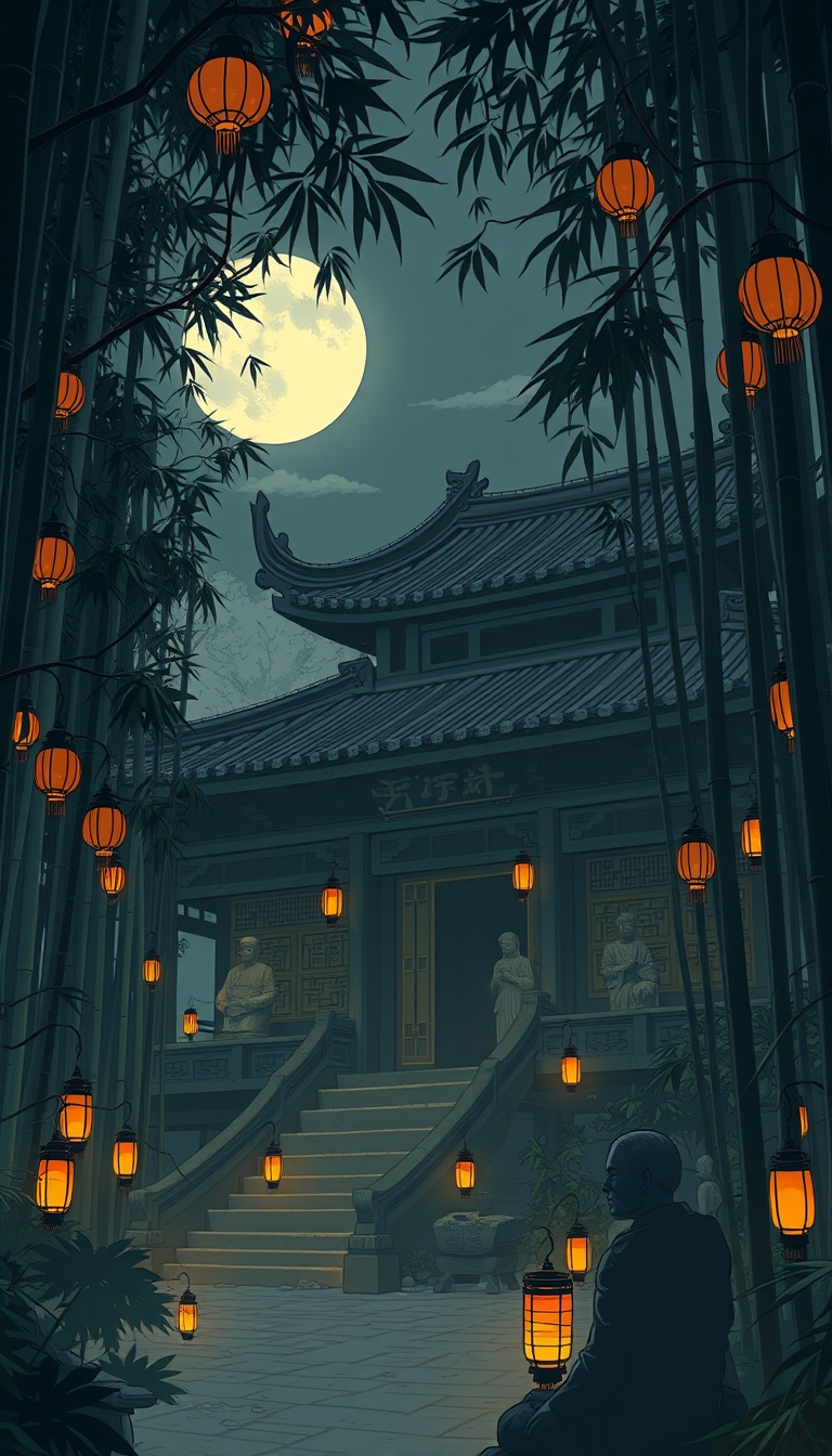 Ancient Chinese temple overgrown in a bamboo forest, dimly lit by lanterns. Background features bamboo, ancient statues, and moonlight. 8K resolution, flat comic sketch style, muted colors, the scene is depicted in 8K resolution with a flat comic sketch style, graphic novel aesthetic, 2D effects, and drab painting style, emphasizing. - Image