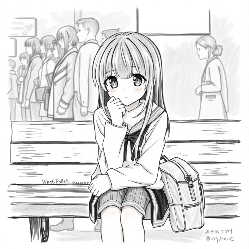 'an anime girl is sitting on a bench looking bored while waiting, there are people around her, pencil drawing'