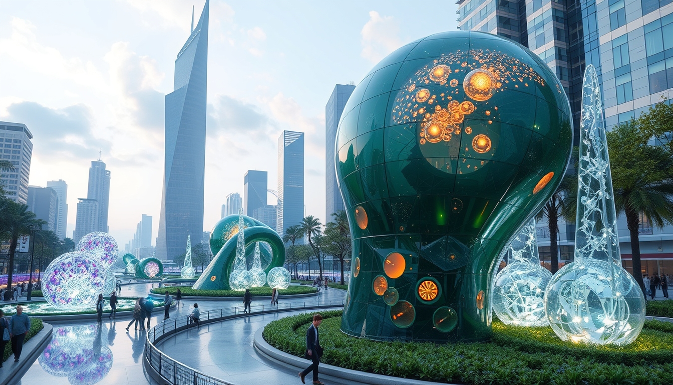 A futuristic city park with glass sculptures and interactive installations. - Image