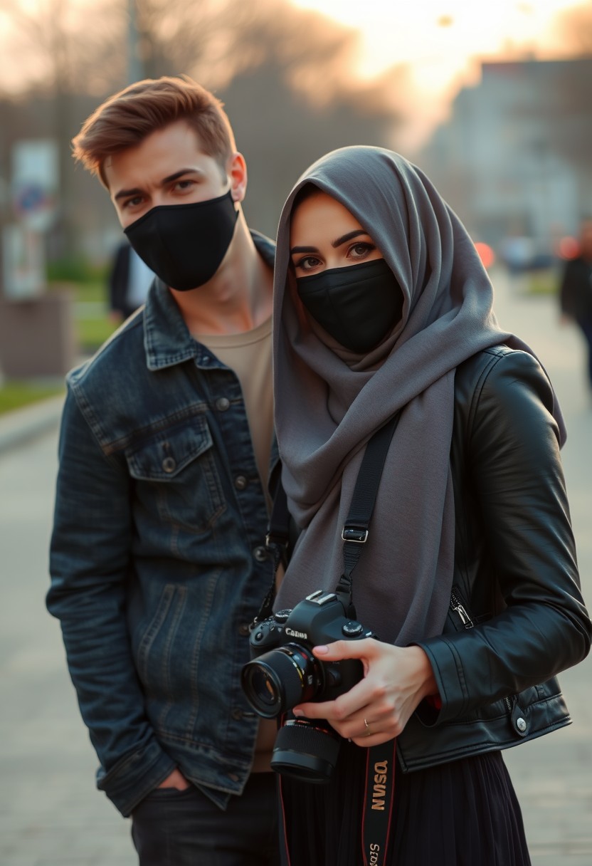 Jamie Dornan's head and body shot, handsome, face mask black, jeans jacket, jeans, dating, love couple, with the biggest grey hijab Muslim girl, face mask black, beautiful eyes, black leather jacket, biggest skirt, holding a Canon DSLR camera, sunset, hyper-realistic, street photography. - Image