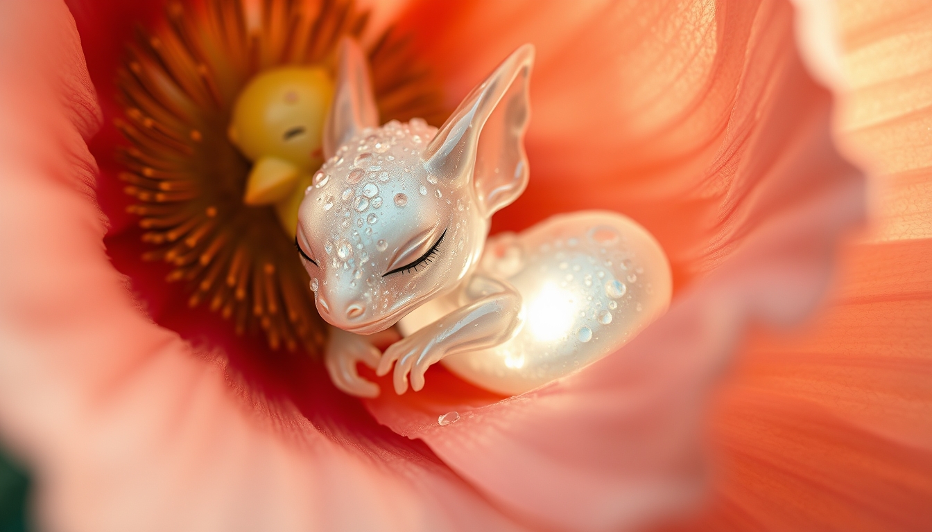 abstract expressionism, cuteness overload realism, close up macro photography by Shaddy of a close up cute tiny white rhinestone transparent ice gremlin little dragon sleeping inside a giant poppy flower, sleek, modern., fairytale, light inside body, otherworldly glowing fantasy, detailed glistening oil scales texture, soft sepia, artistic water drops, dynamic pose, tender, soft pastel colors, octane render, soft natural volumetric light, bioluminescence atmospheric, sharp focus, centered composition, professional photography, complex background, soft haze, masterpiece. animalistic, beautiful, tiny detailed. - Image