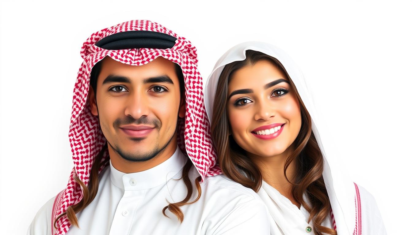 Handsome man and beautiful teenage woman couple from Saudi Arabia with great hair, against a pure white background. - Image