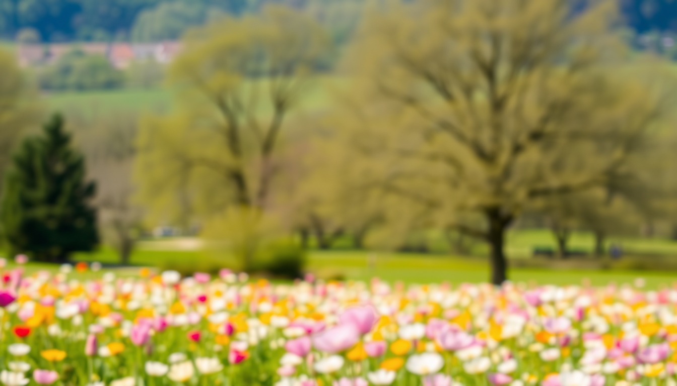 Blurred spring countryside landscape with blooming flower field and green park Outdoor relaxation in peaceful nature