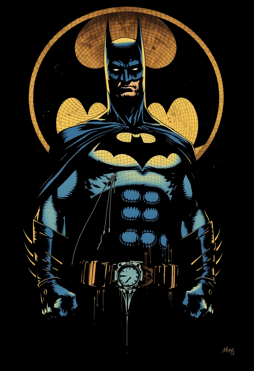 Batman, print t-shirt design, silk-screen art by Frank Miller, center PNG art