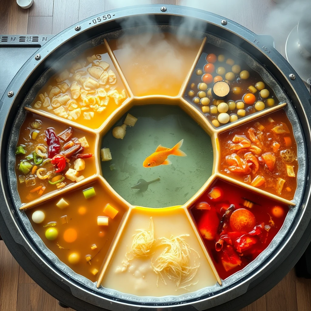 A large circular hot pot arranged like a nine-section grid, each section a different color, with boiling water cooking various ingredients, except for the middle section where a goldfish swims in clear water. Viewed from a 45-degree angle above.