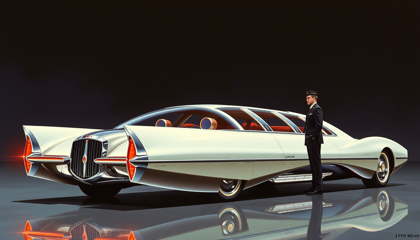 A futuristic exotic limo concept, a painting by Syd Mead, 4k, a chauffeur stands at attention, detailed, circa 1972.