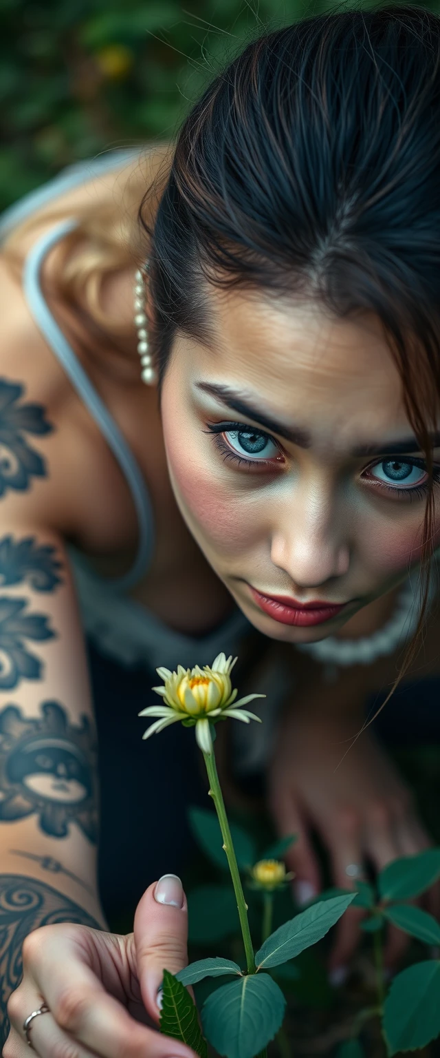 Close-up view of white-skinned Indian Korean women with beautiful facial features and blue eyes, tattooed, picking a flower while bending from the ground and staring behind at the camera. - Image