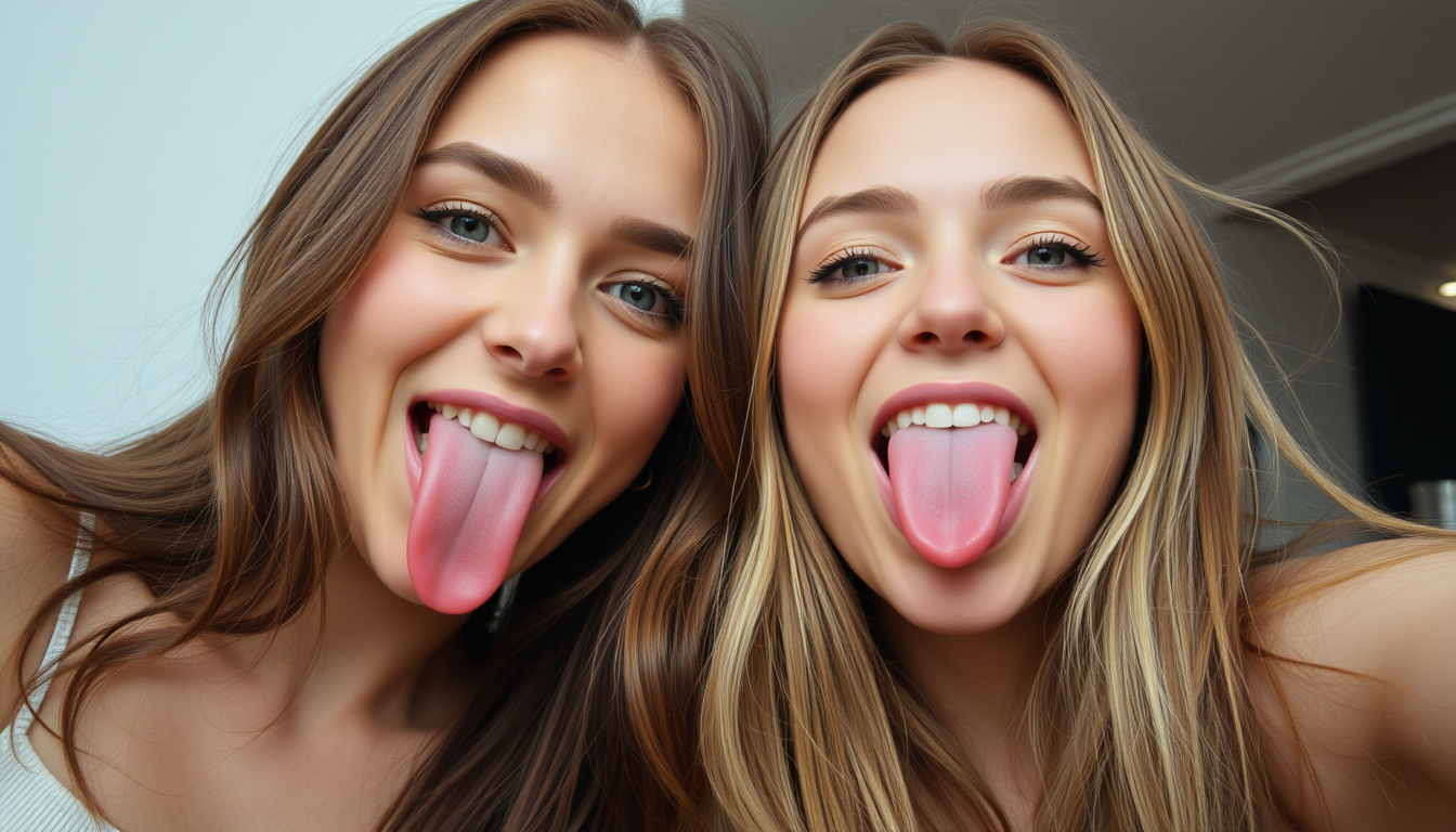 Two young women sticking their tongues out playfully. - Image