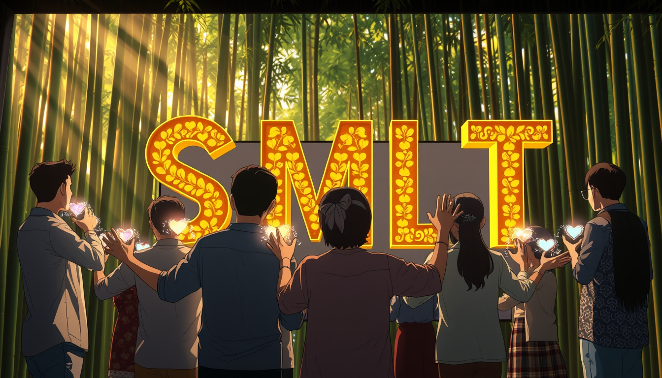 Anime style: A diverse group of Vietnamese people stand together facing a bright screen in a bamboo forest. Their arms are outstretched as glowing hearts and light particles flow from their hands, forming the letters "SMLYT" in a warm, golden hue. The 3D letters appear to be made of solid gold, with intricate engravings that catch and reflect the sunlight filtering through the trees. The edges of the letters emit a soft, pulsating light that interacts with the surrounding environment, casting dynamic shadows on the characters' faces. - Image