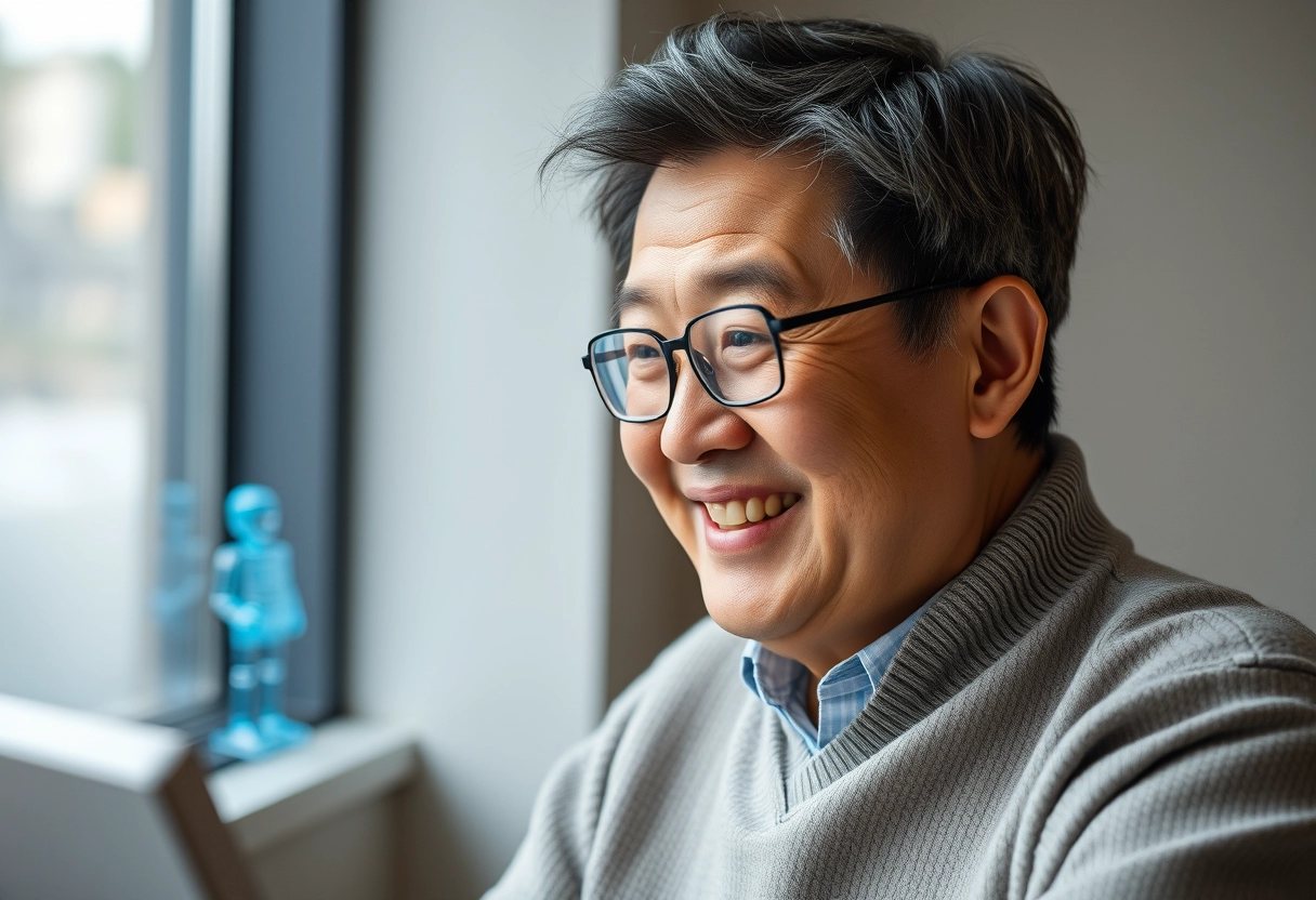 Korean senior man, smiling, using AI chatbot