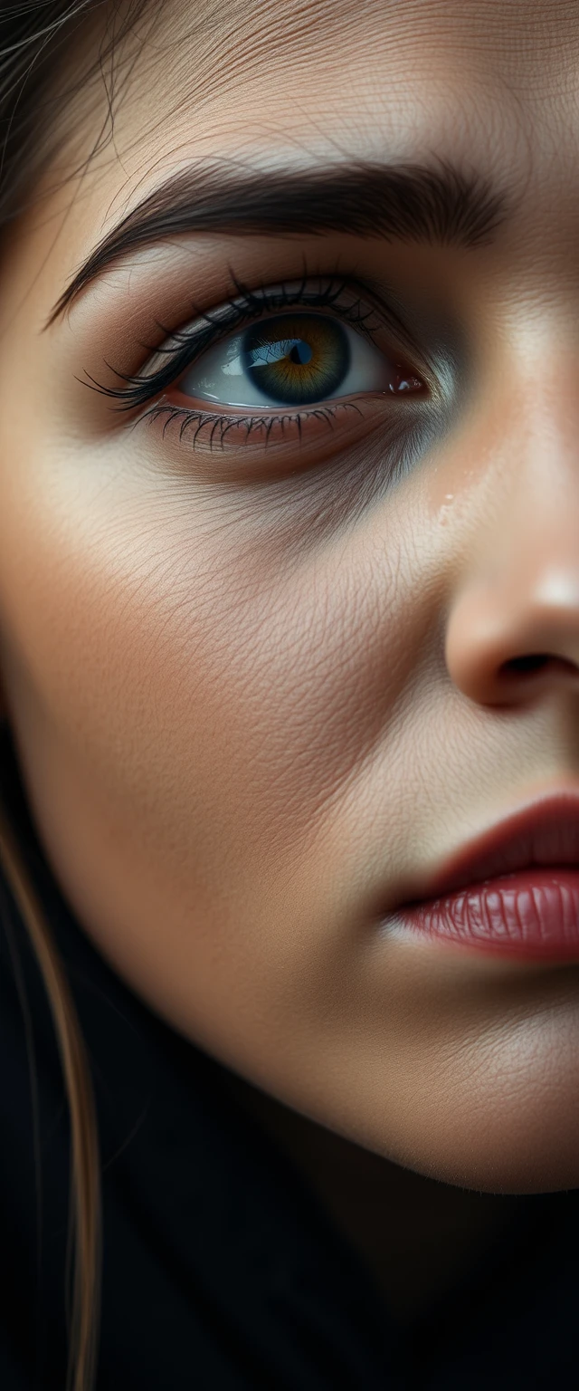 Closeup upper body shot of beautiful Persian women with exquisite facial features. A very sad, depressed expression with washed-up tears smudging the eyeliner, looking upwards while holding back tears.