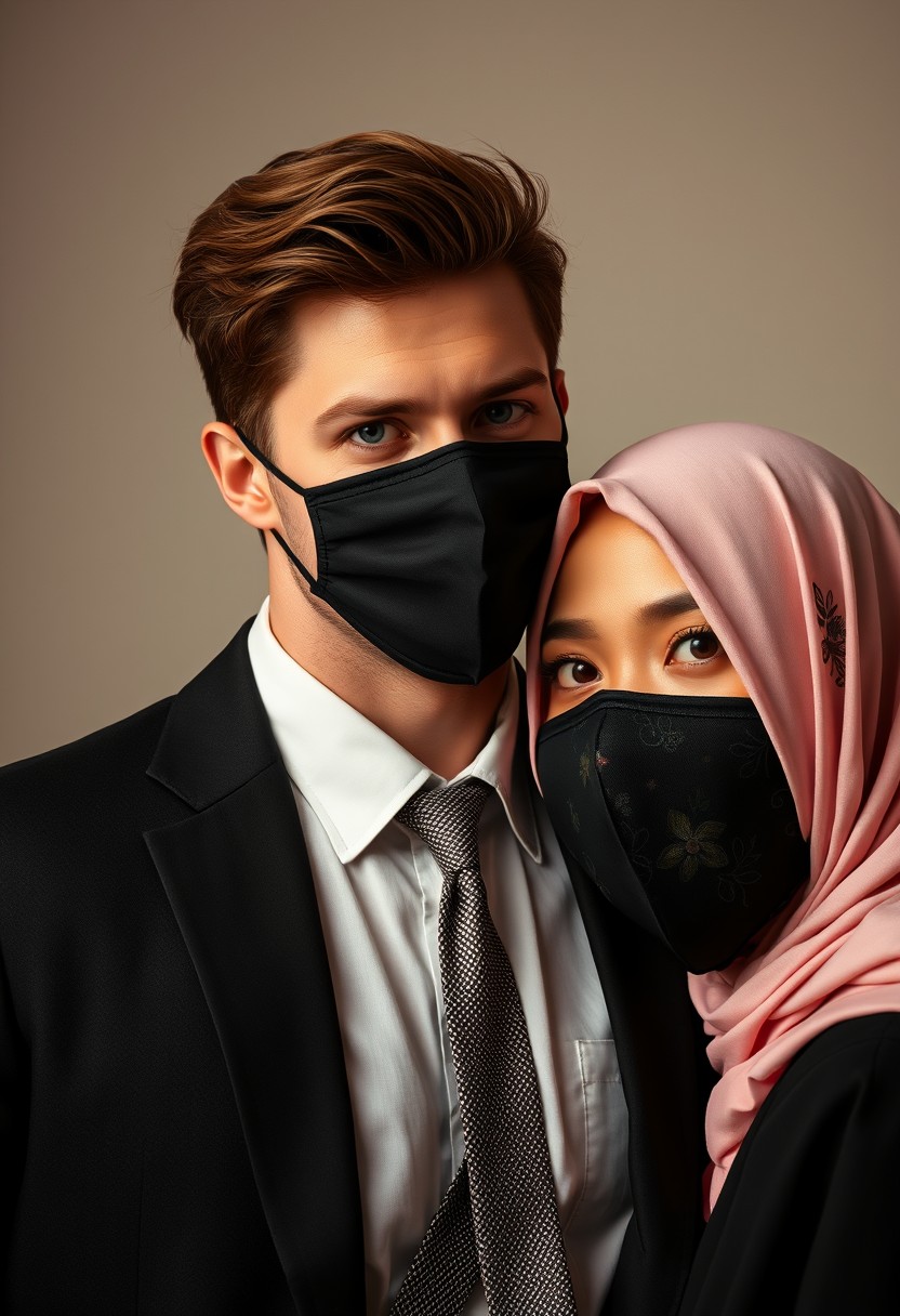 Jamie Dornan's head and body shot, handsome, young, black face mask, half-buttoned white shirt, grey patterned tie, black suit coat, dating love with the biggest soft pink hijab girl, beautiful eyes, black face mask, biggest floral juba, hyper-realistic, studio photography.