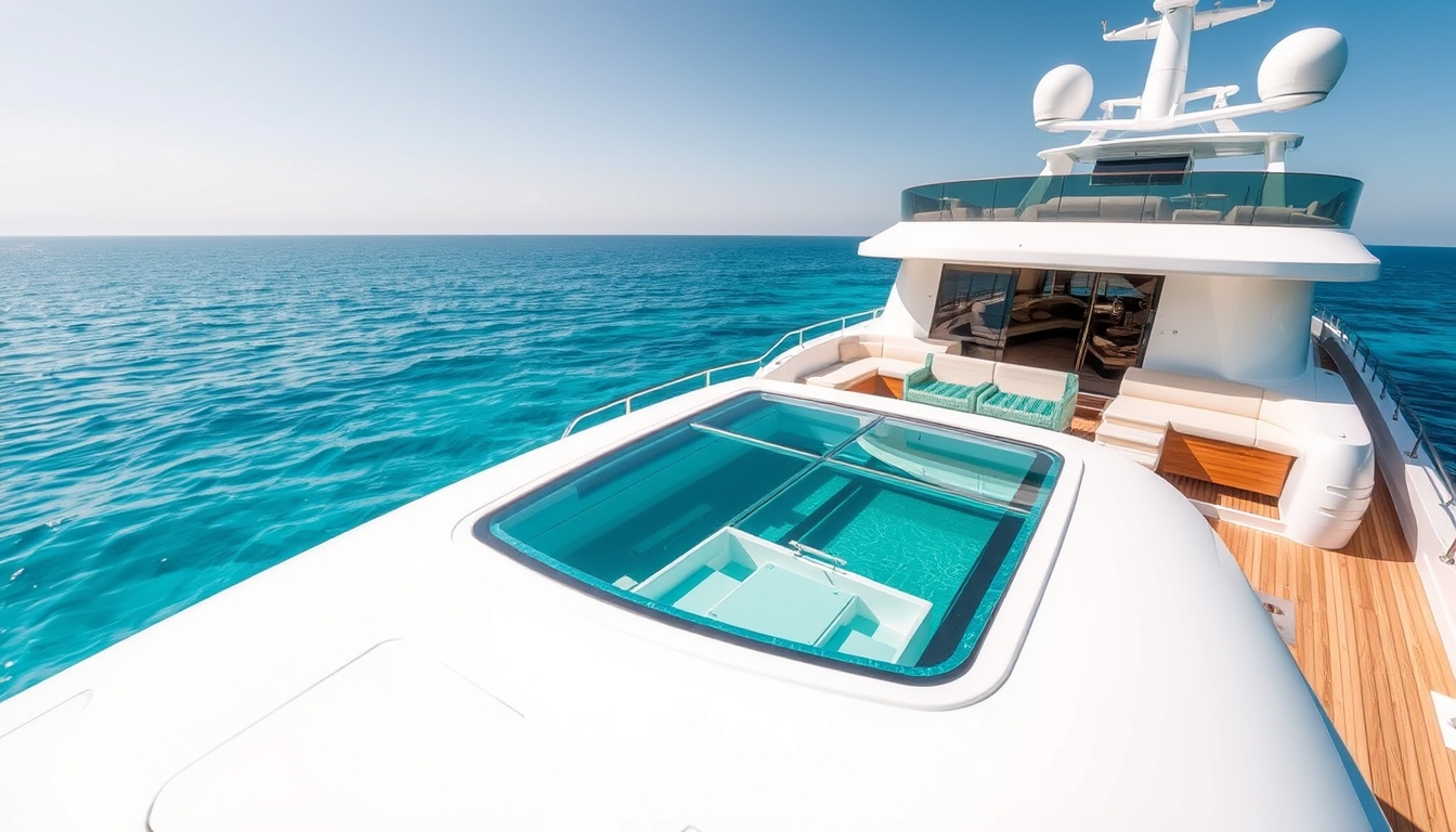 A luxurious yacht with a glass deck, cruising through crystal-clear waters.