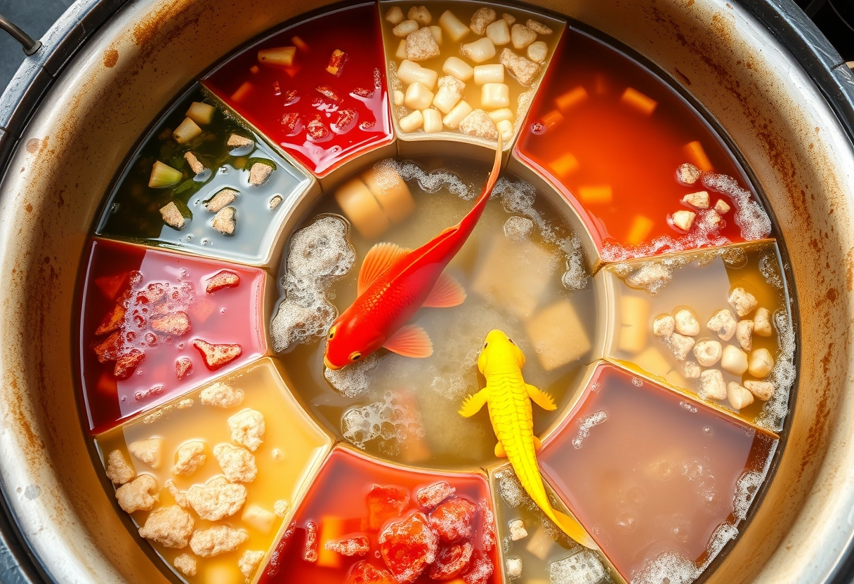 From a 45-degree angle above, a large circular nine-grid hotpot can be seen, with each section a different color, and the water inside boiling and bubbling, cooking various ingredients. Only the middle section contains clear water, where a red goldfish and a yellow alligator are swimming. - Image