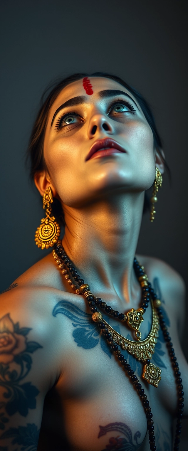 Random shot of a tattooed body of a white-skinned Indian woman with beautiful facial features and blue eyes wearing gold ornaments, looking upwards. - Image