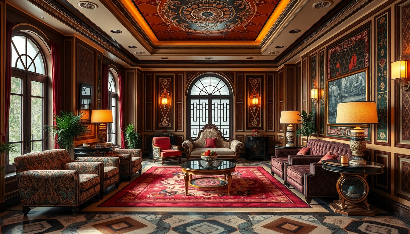 An interior scene of a luxurious room with Art Deco furniture, rich color palettes, and intricate geometric patterns. - Image