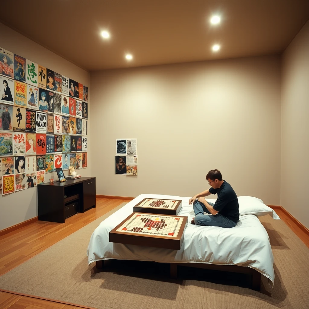 In a very large room, there is a big bed, and one wall of the room is covered with many posters of Japanese manga, while the other walls are bare. Two people are playing Go in the room.