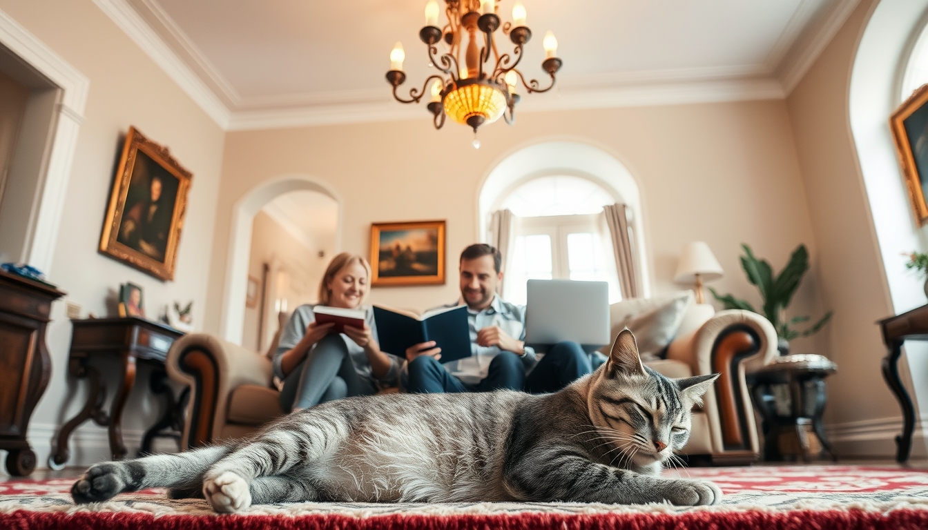 In the gentle light of the early morning, a European-style living room appears especially warm and inviting. Beneath the high ceiling, an exquisite chandelier emits a warm glow. Elegant oil paintings hang on the walls, complementing the dark wooden furniture. On the soft sofa, a lady is smiling as she looks at the book in her hands, while a man beside her is focused on his laptop. A silver tabby cat lazily sprawls on the carpet, half-closing its eyes and enjoying this peaceful moment.