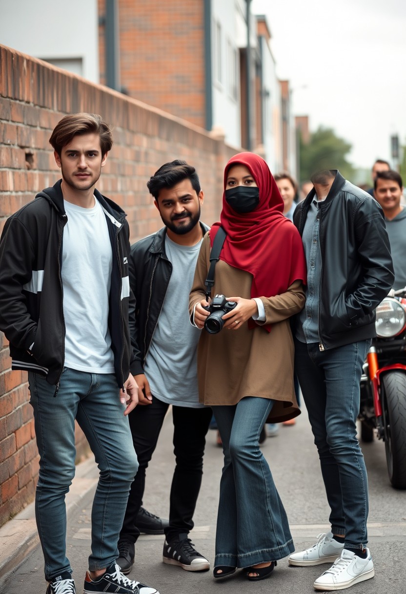 Jamie Dornan and Freddie Prinze, head and body shot, handsome, young, serious face, dark brown hair, white T-shirt, college jacket, skinny jeans, sneakers, standing, discussing with two guys and a short red hijab Muslim girl, beautiful eyes, black face mask, black leather jacket, grey long T-shirt, bell-bottom jeans, holding a Canon DSLR camera, near town road, superbike, hyper-realistic, street photography, brick wall, full body photo, 5 other random smiling friends in the back. - Image