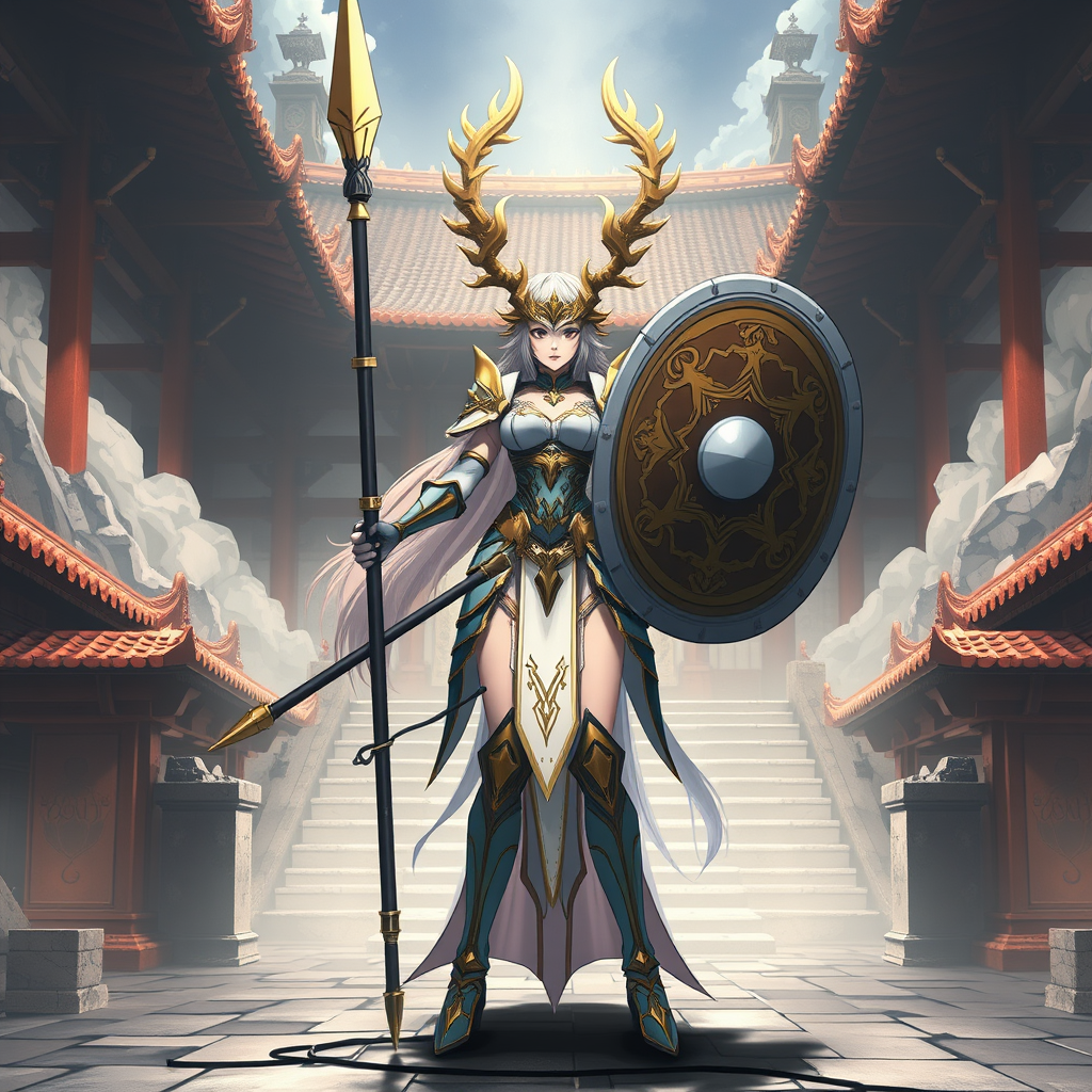 Full body, anime art, celestial armored goddess holding a large cone-shaped spear and large shield, guards the ancient temple courtyard, 4k.