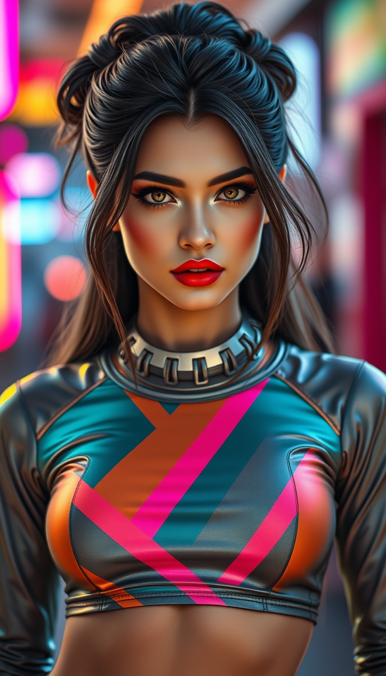 A highly detailed, photorealistic portrait of a young woman with a striking, futuristic appearance. The woman has long, dark hair styled in an intricate updo, with strands of lighter hair framing her face. She wears a form-fitting, metallic crop top with a bold, geometric pattern in shades of teal, orange, and pink, creating a striking visual effect. The woman's makeup is bold and dramatic, with vivid red lips and heavily lined eyes. Around her neck is a chunky, metallic choker. The background is blurred, with colorful, neon-like lights creating a sense of energy and movement. The overall composition has a cyberpunk, retro-futuristic aesthetic, with a strong emphasis on the woman's captivating features and bold fashion choices. The level of detail is exceptional, with every texture and material rendered with meticulous precision. - Image