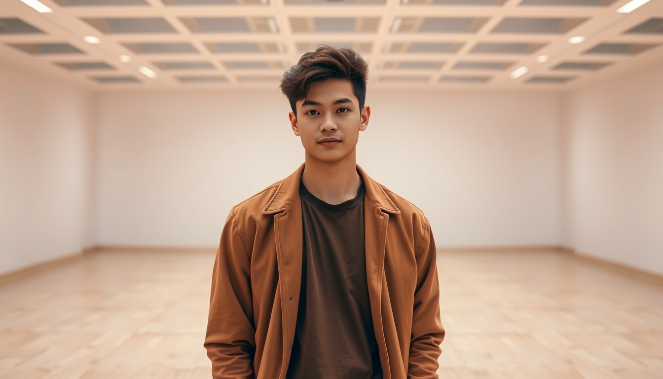 Photo portrait of a pretty young male with a smart look in an empty space, wearing a trendy brown outfit, isolated on a color background, 8k UHD, highly detailed. - Image