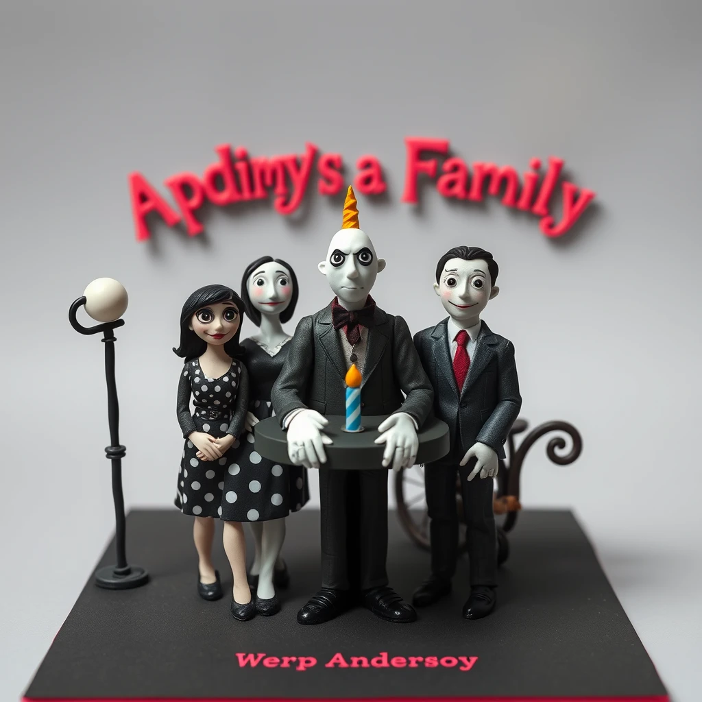 An Addams Family-themed birthday card, 3D, clay, surrealism in a Wes Anderson outfit in a Wes Anderson movie, Wes Anderson style. - Image