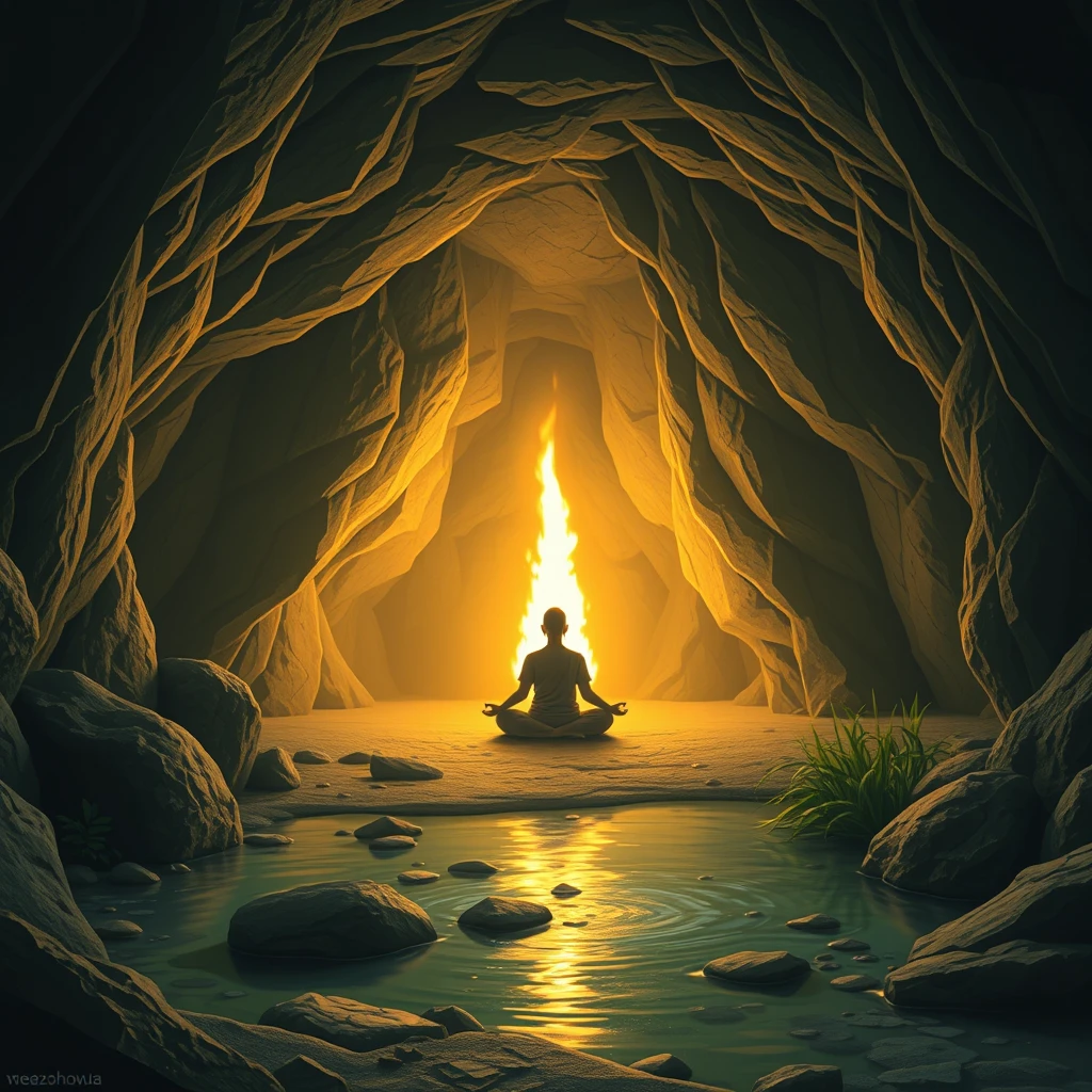 "A cave, a practitioner is meditating inside, facing a flame, while outside the cave the spring is flourishing and the ground is clean." - Image