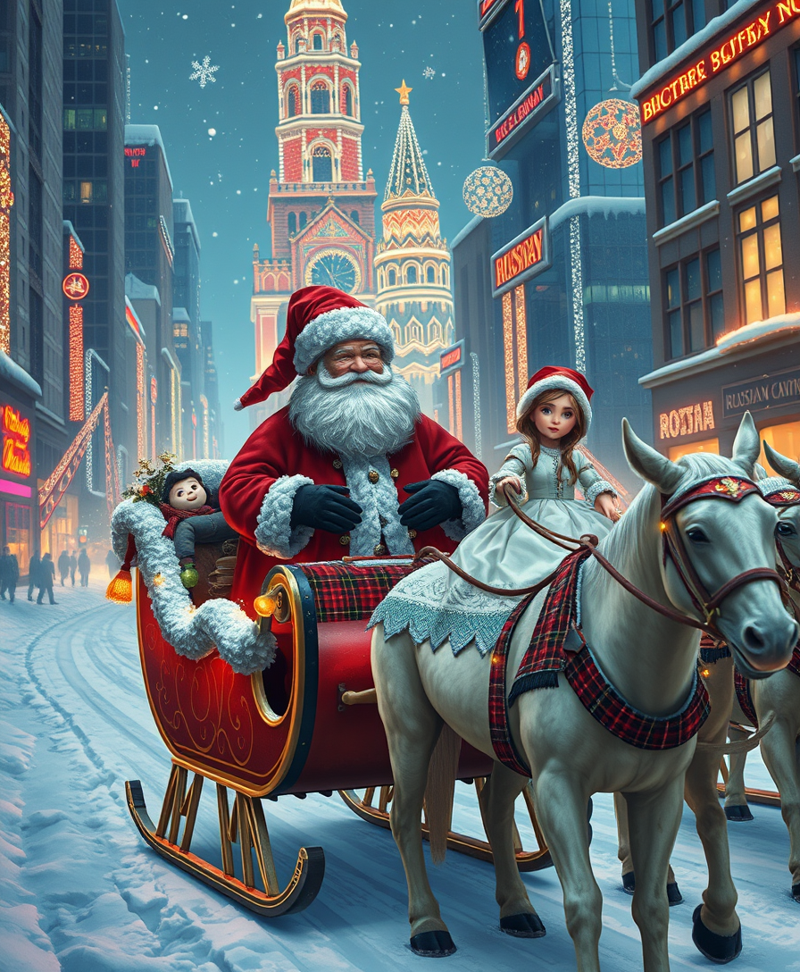 Russian Snow Grandfather rides in a festive sleigh pulled by a Russian troika through a futuristic city decorated with Christmas lights. A charming Russian Snow Maiden is sitting next to him in a sleigh. - Image