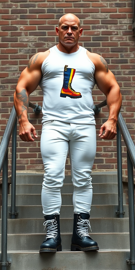 A towering, muscular 60-year-old skinhead bodybuilder stands confidently on concrete stairs, his gleaming bald head contrasting with his light skin. Clad in a striking white t-shirt with a logo of rainbow gay flag colored Dr Martens boot, tattooed arms flex beneath the sleeveless fabric. Tight bleached denim trousers highlight his powerful legs, complemented by knee-high Dr. Martens boots with white laces. The rugged brick wall and metal handrails create an industrial backdrop, enhancing the imposing presence of this behemoth.