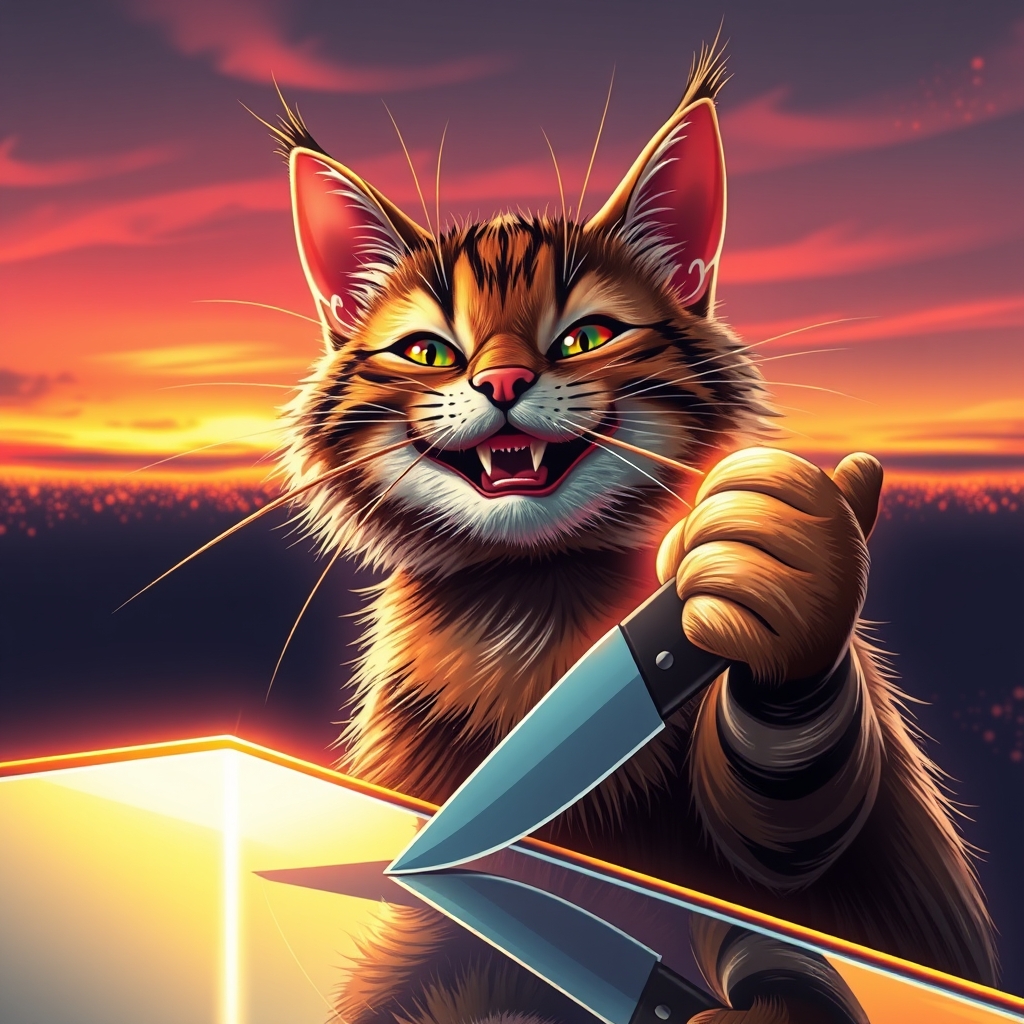 "I want a snack," action-packed grin, smiling cat with a knife in hand, reflecting in glowing neon edge, glowing, sparks on the horizon, detailed mirroring of the horizon reflecting polychromatic space, straight lines, award-winning digital art, highly detailed.