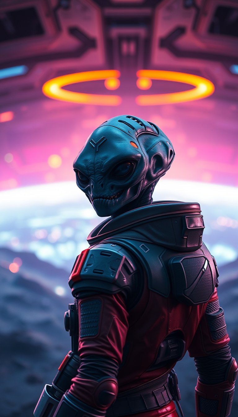 Cinematic view of an alien in an advanced spacesuit looking towards the screen from a distance with vibrant colors.