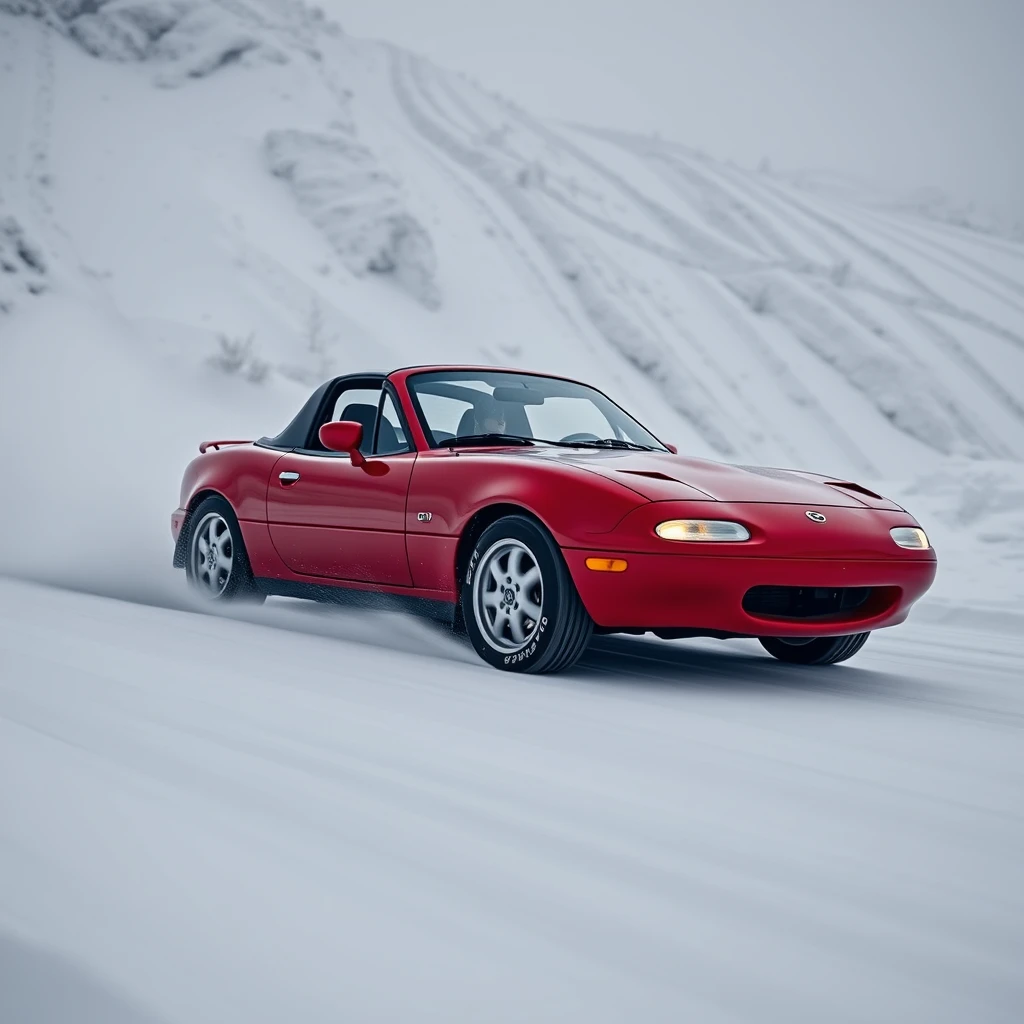 Create an image of a red 1991 Mazda MX-5 drifting on a snowy mountain.