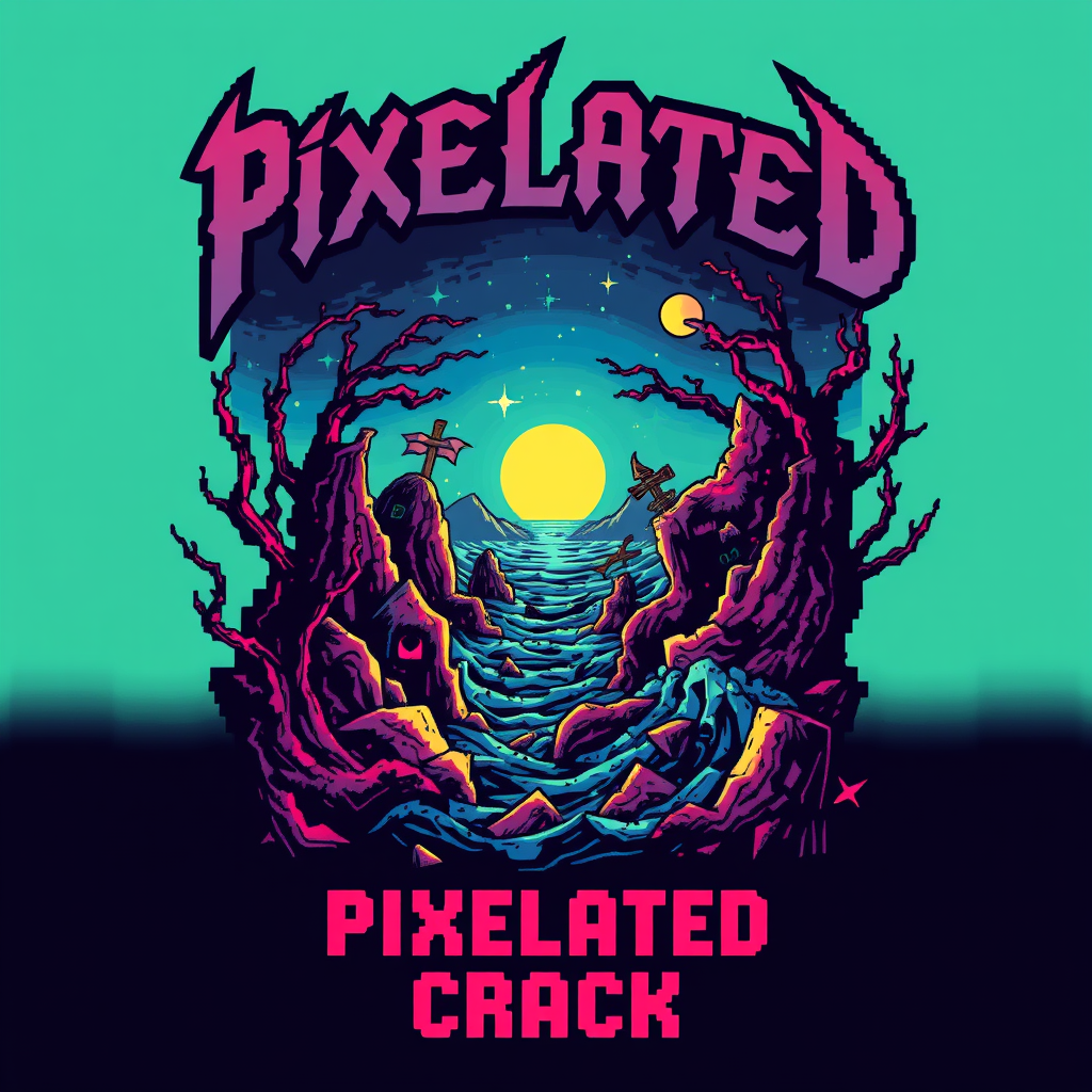 T-shirt design with a blocky colorful 8-bit style of death metal blended with chiptune. And the visual should be unique and striking but macabre blended with beauty and the band name is "Pixelated Crack" with a scene inspired by the deep sea.