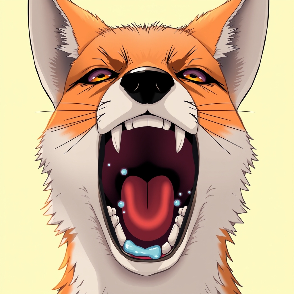 "Anime style, fox personification, depicting the details of the fox's mouth, throat details, the throat should be bright, teeth details, saliva details, the whole mouth is filled with it." - Image