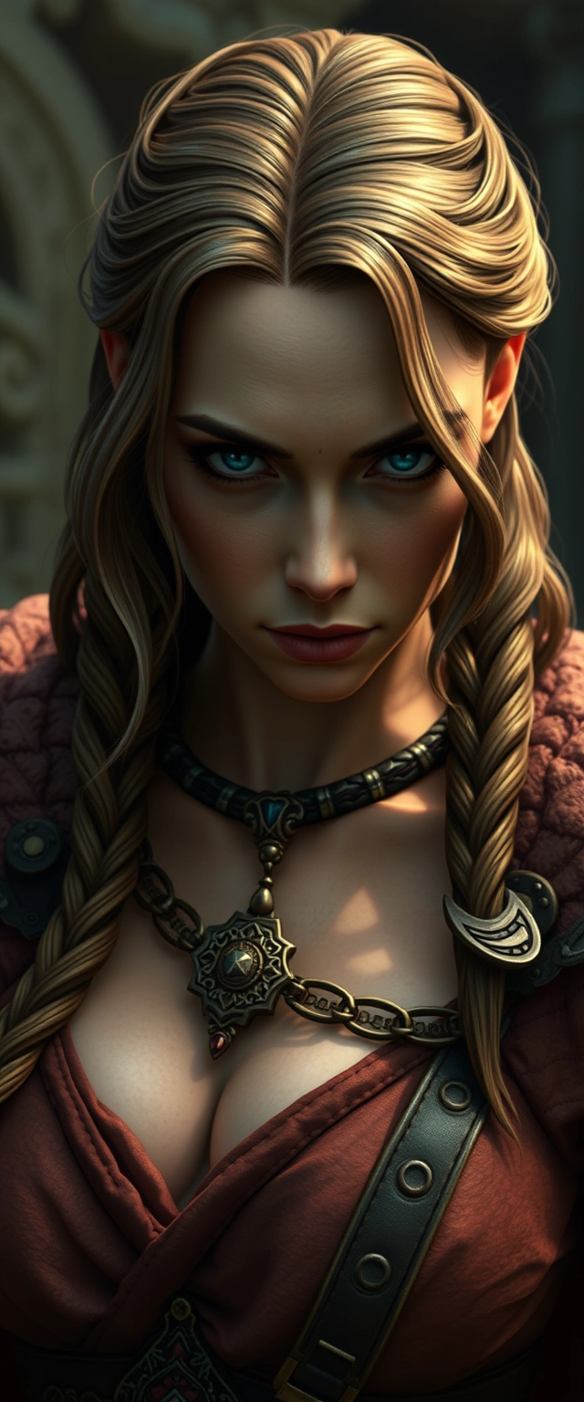 Evelyn from Baldur's Gate as a real woman, close-up view. - Image