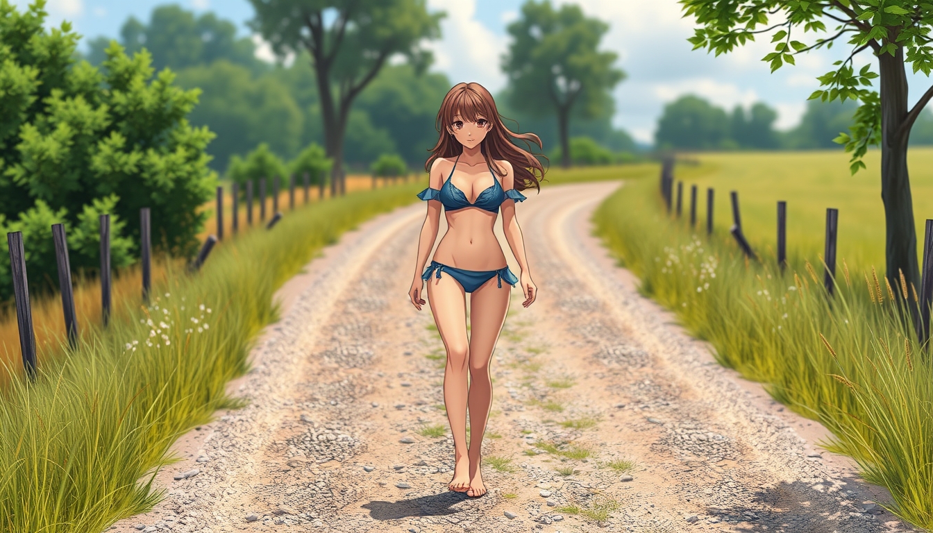 A beautiful adult bikini girl walking on a gravel country road, anime style, barefoot. - Image