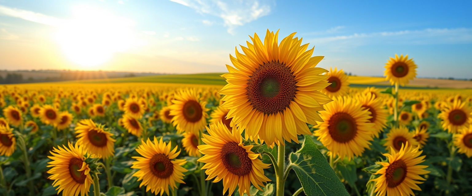 Vibrant, sunflower fields, golden blooms, high quality, photorealistic, summer, cheerful, idyllic, rural, panoramic, breathtaking, blue skies, windblown fields, sunset, floral arrangements.