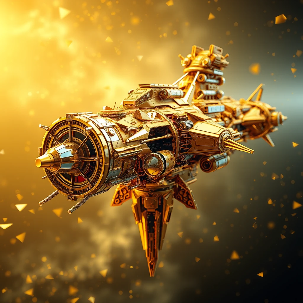 An epic cyber starship made of gold and silver shards, hyper-realistic 8k resolution, incredible details, a masterpiece, excybertechsdxl, full body.