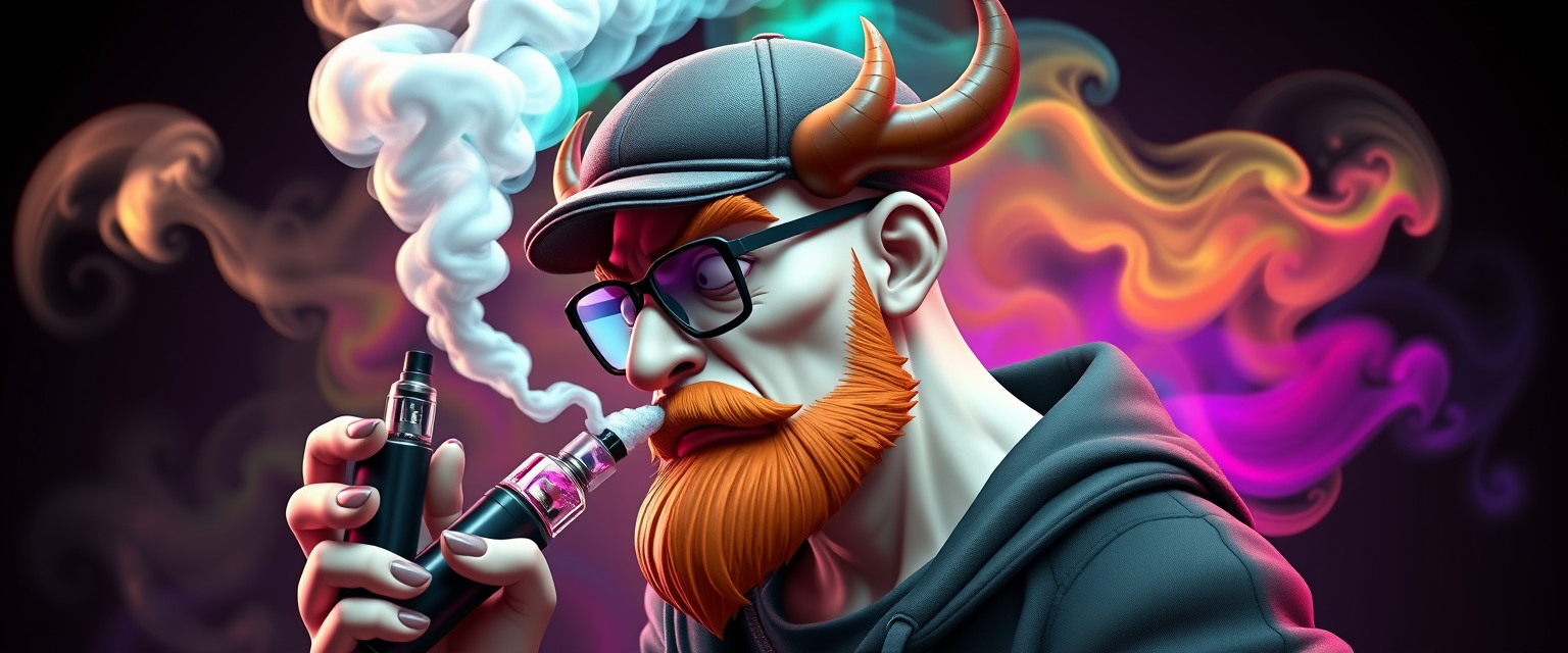 Three-quarter view of a sinister, bald cartoon human male with necromancer lich features. Demonic horns, a short fiery ginger beard that contrasts with dark eyebrows. Wears a weathered flat cap and aviator glasses. Clutches a sleek vape mod, exhaling dense, swirling vapor clouds. Vibrant e-liquid drips off his pale skin, creating a colorful aura. 3D rendered. - Image