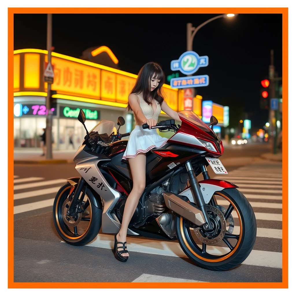 At the crossroads, there is a woman wearing a short skirt, riding a futuristic motorcycle, with Chinese characters or Japanese.