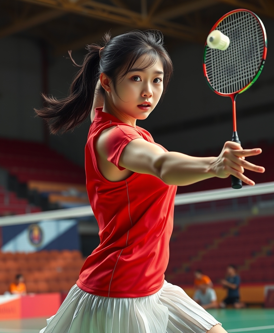 A detailed, realistic portrait of a young woman playing badminton in an indoor sports arena. The woman is wearing a bright red jersey and is mid-swing, her body in a dynamic, athletic pose as she focuses intently on the shuttlecock. The background is blurred, with glimpses of the court, net, and spectator stands visible. The lighting is natural and directional, creating shadows and highlights that accentuate the woman's features and muscular definition. The overall composition conveys a sense of energy, movement, and the intensity of the game. The image is highly detailed, with a photorealistic quality that captures the textures of the woman's clothing, skin, and the badminton equipment.
A woman with a beautiful face like a Japanese idol, she is wearing a white pleated skirt.

Badminton rackets and shuttlecocks with dynamic swings and motion blur.
Depiction of the human body with a flawless personality. - Image