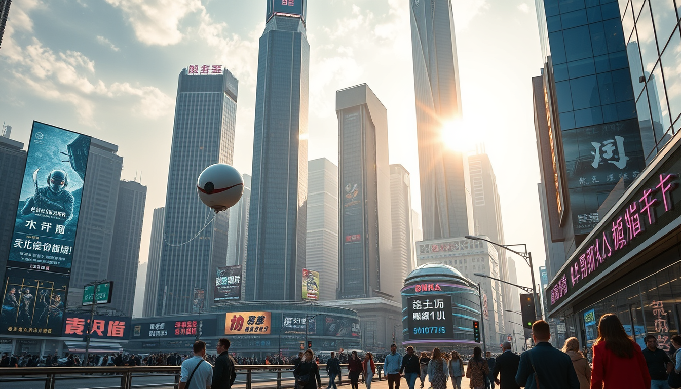 Create a stunning high-resolution image of a futuristic Shanghai city. The skyline should be filled with towering skyscrapers adorned with neon lights and holographic adverts, with a handful of hidden Chinese characters. Include a light-colored balloon-type robot hurtling through the air, flanked by tiny black balancers. The streets should be bustling with people wearing fashion-forward outfits. Highlight the small balloon-type robot, performing its rounds in the sky, and the beautiful sunlight reflecting on the glass surfaces of the buildings, creating an atmosphere of excitement and innovation.