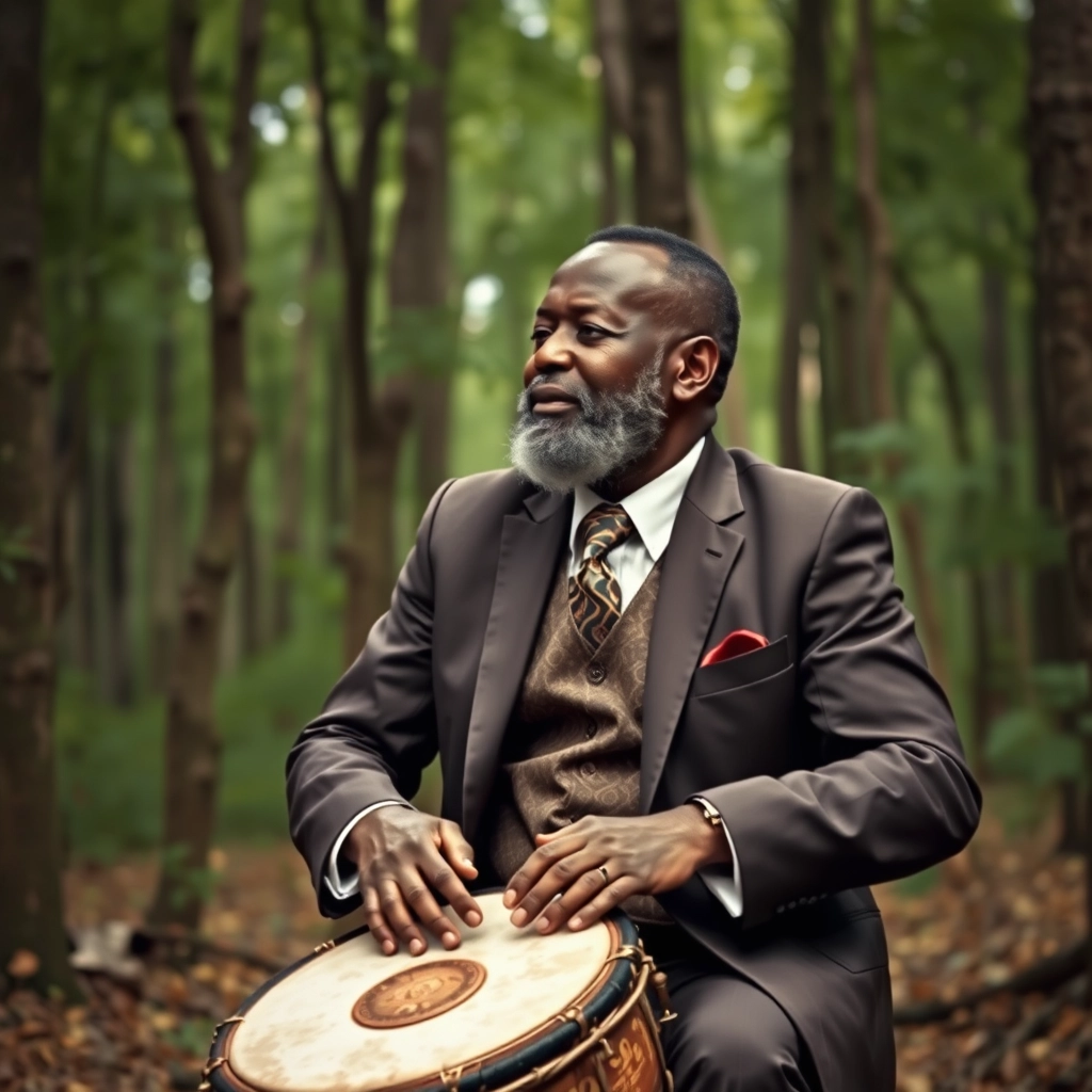 Photorealistic image of an African man, wearing a suit, playing the talking drum in a forest.