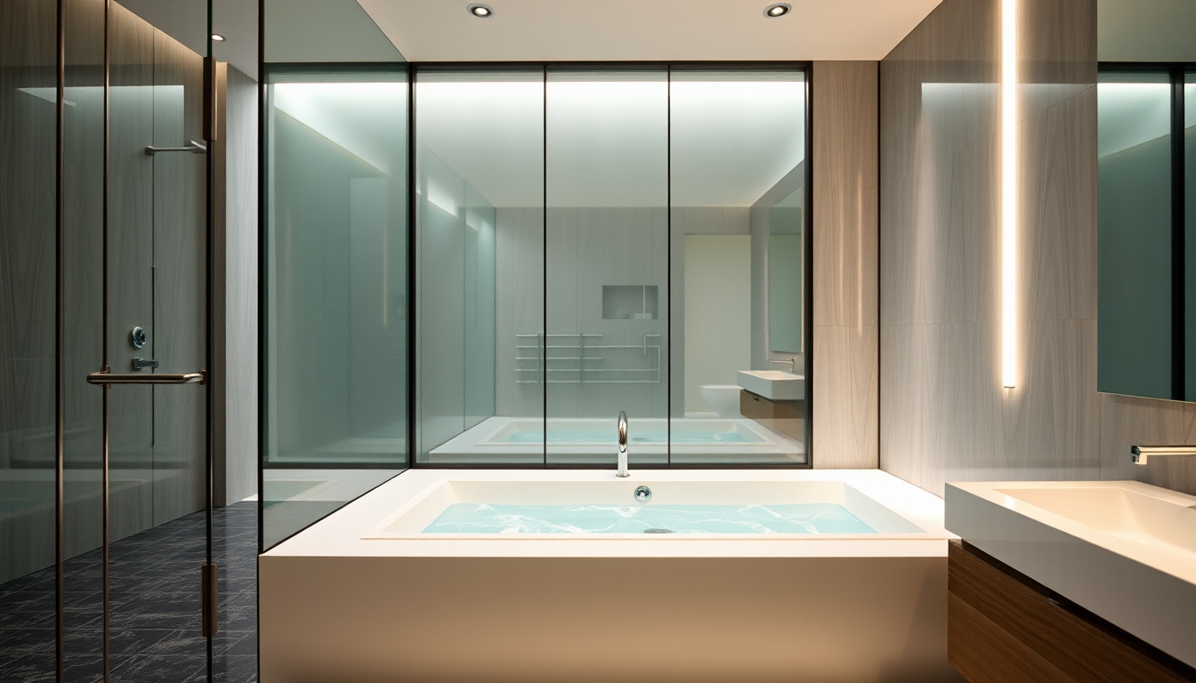 A sleek modern bathroom with glass walls and a luxurious soaking tub.