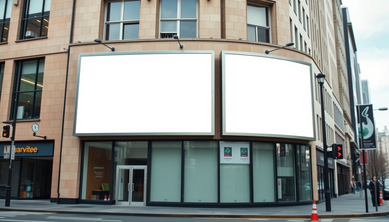 Conceptual mockup displaying two unmarked billboards on a building facade in an urban area, emphasizing the scope for advertising.