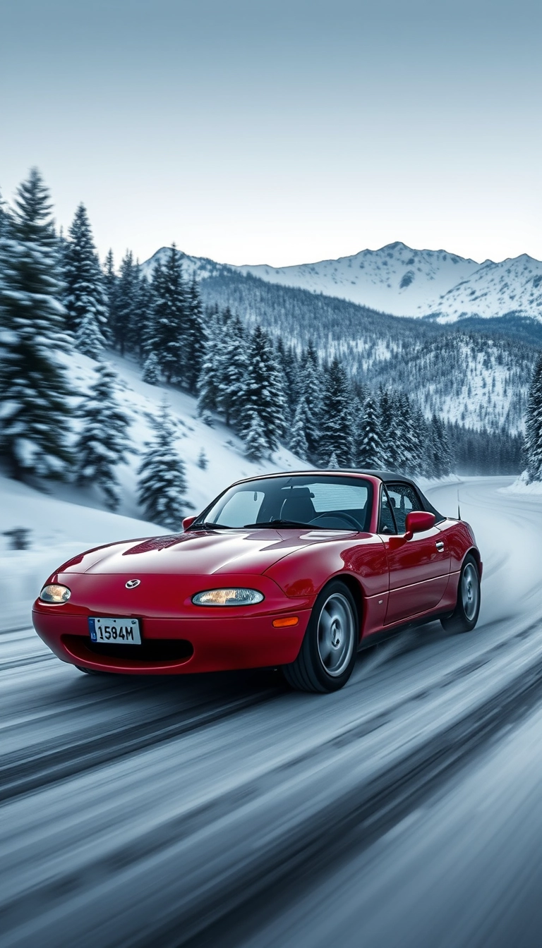 Create an image of a red 1991 Mazda MX-5 drifting on a snowy mountain road.