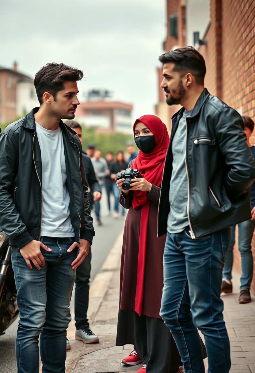 Jamie Dornan and Freddie Prinze, head and body shot, handsome, young, serious face, dark brown hair, white T-shirt, collage jacket, skinny jeans, sneakers, standing, discussing with two guys and a short slim Muslim girl in a red hijab with beautiful eyes, wearing a black face mask, black leather jacket, grey long T-shirt, bell-bottom jeans, red sneakers, holding a Canon DSLR camera, near a town road, superbike, hyper-realistic, street photography, brick wall, full body photo, with five other random smiling American friends in the background. - Image